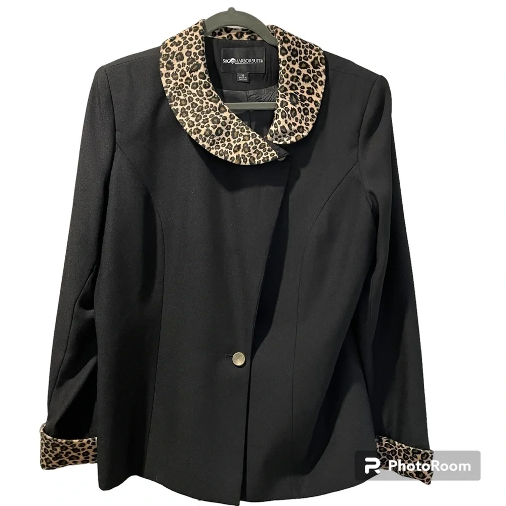 Sag Harbor Suit Jacket Black with Animal Print Collar and Cuffs Two Button Front